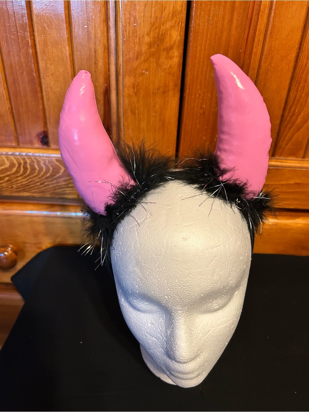 Pink Devil Horn Headband for Kids with Black Feather Trim